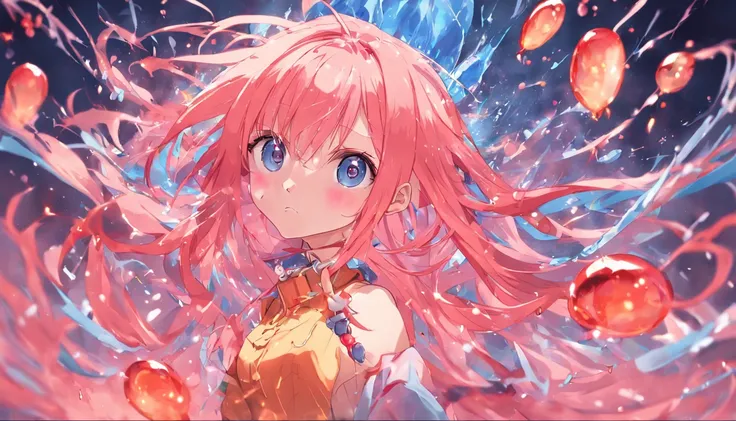 (Masterpiece, Best quality) anime scene, rule of third, Water and fire elements, A mixture of water and fire, Water balloons and fireballs, no character，a beauty girl，Pink Long Hair，dual horsetail，Jewel-like blue eyes，High price texture