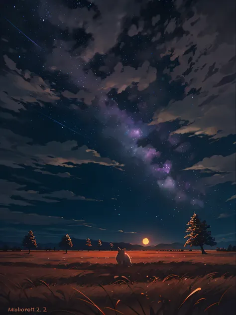 A wide landscape photo, (viewed from below, the sky is above, and the open field is below), a wolf sitting on grass field looking up, (full moon: 1.2), (meteor: 0.9), (nebula: 1.3), distant mountains , Trees BREAK Crafting Art, (Warm Light: 1.2), (Firefly:...