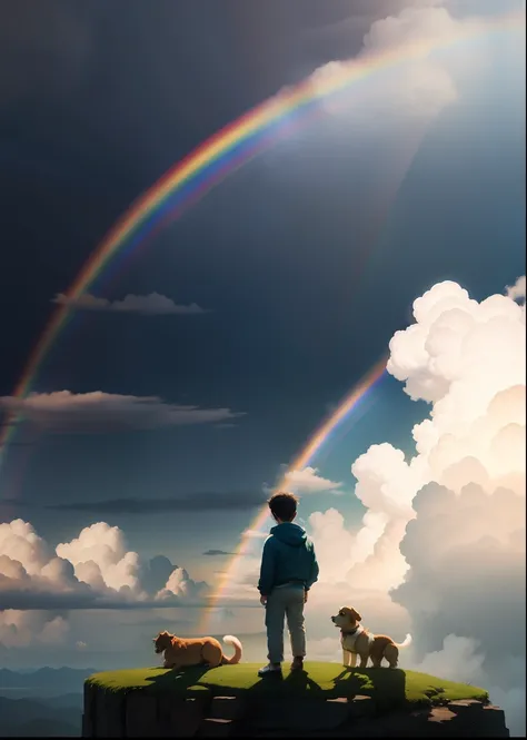 a boy take care of Three dogs in  clouds paradise and lots of rainbows