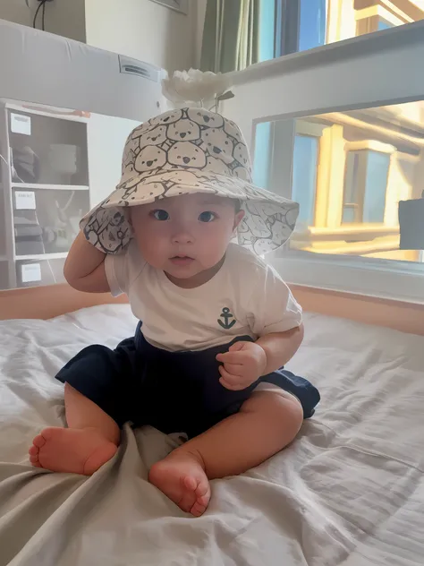 There was a baby sitting on the bed wearing a hat, wearing a cute hat, hes wearing a hat, its wearing a cute little hat, wearing a silly hat, wearing a travel hat, with hat, She wears a cap, wearing a strange hat, Lovely but firm, with straw hat, wearing a...