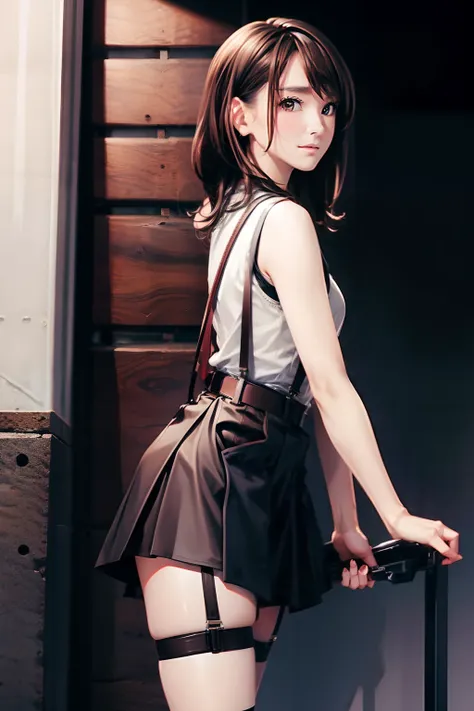 a black skirt, Tank Tops　suspenders, Brown hair short, Gray eyes, holster, Garter belt on the legs, moderate chest and tight clothes, both sides　　Behind the belt