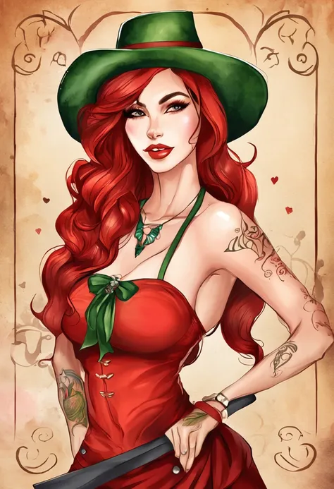 A close-up of a woman with red hair and green bra, ruiva, ruiva, tatuada, deusa do fogo quente, deusa do cabelo ruivo, sun sunset, no sol, Ruiva, Lacey, colorida, cena linda, sorriso sedutor, angelawhite, Pinup tatuada , in red costume with red hat and red...