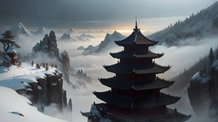 tmasterpiece，best qualityer，Chinese martial arts style，Chinese architecture，High hills，snowy day，（（ (Chinese martial arts style))), The sky is vast, Even the mountain cliffs, ink wash style, Contour light, Atmospheric atmosphere, depth of fields, The fog r...