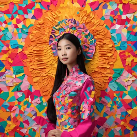 (FULL BODYSHOT:1.4), colorfull background, (1 vietnamese young girl, aodai, nhat binh, nhat binh dress, Halo, Exquisite headdress, Smile), (paper art, Quilted Paper Art, Geometry), highly colorful