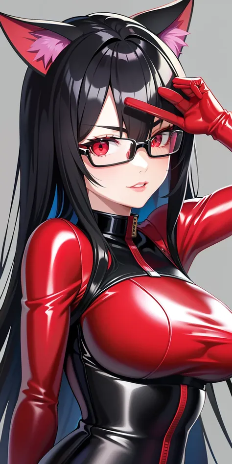 colorful, mature, 1girl, black hair, red eyes, glasses, cat ears, latex dominatrix outfit, electrostimulation