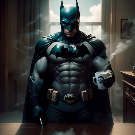 Batman fumando um charuto,and with a steaming mug of coffee in hand, Ultra realista, sentado em uma poltrona, cenario uma sala escura combria com batsinal aoarecendo pelas grades de uma janela atras dele