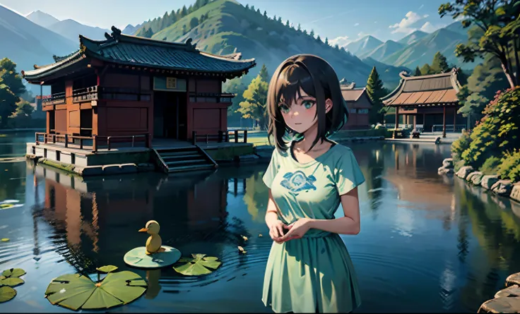 tmasterpiece，top-quality，green waters，There are green lotus leaves，There is a duckling swimming，rays of sunshine，in the early morning，1girll，Casual dress girl，baggypants，T-shirt，mediuml breasts，Girl playing by the lake，Ancient Chinese rural architecture，Bl...