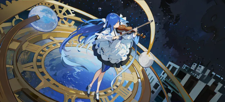 Blue-haired wearing white skirt Girl Universe and Earth Standing on the time wheel and playing the violin