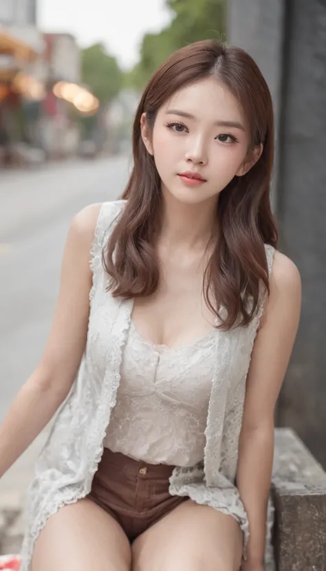 Beautiful girl，Young Chinese，19years old，Fashionab，vests，hot pant，long leges，Wear slippers，Toe manicure，Legs white，White skin，Delicate facial features，largeeyes，long eyelasher，Blushlush，vred，Unhappy，scowling，Pout，Urban outdoors，Full body photo，in a panoram...