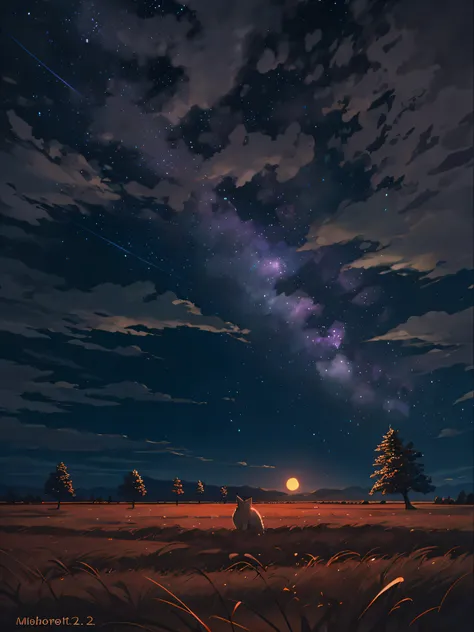 A wide landscape photo, (viewed from below, the sky is above, and the open field is below), a wolf sitting on grass field looking up, (full moon: 1.2), (meteor: 0.9), (nebula: 1.3), distant mountains , Trees BREAK Crafting Art, (Warm Light: 1.2), (Firefly:...