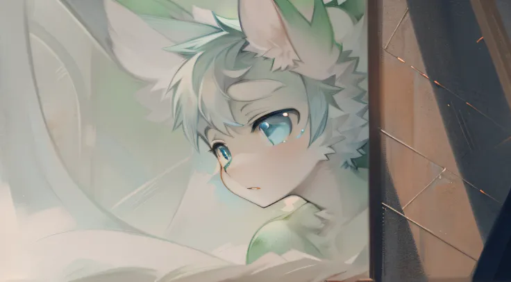 Anime boy portrait with green and white skin tone with blue eyes cat ears