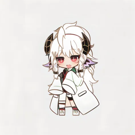 Anime girl with white hair and black ears in a white coat, chibi monster girl, white-haired god, anime moe art style, mika kurai demon, Kantai collection style, style as nendoroid, holding a pudica pose, demon anime girl, nyaruko-san, small loli girl, Chib...