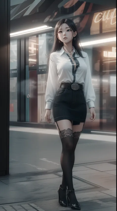 （（best qualtiy））， （（tmasterpiece））， （A detailed：1.4），（（full bodyesbian）），Enhanced dynamic perspective，beautiful sexy girl，夏天，white  shirt，Step skirt，high-heels，Black silk pantyhose，耳Nipple Ring，Come to me，Future sci-fi city street，Street photography，Bright...