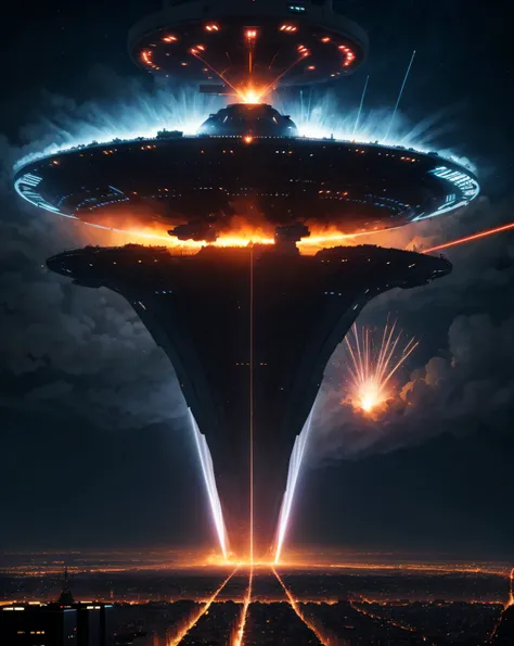 An illustration of a scene in the movie "Independence Day" in which aliens attack major cities in each country with their main guns.

An alien mothership floats above the Earth.
A huge laser cannon is fired from the mothership.
Laser cannons are hitting ma...