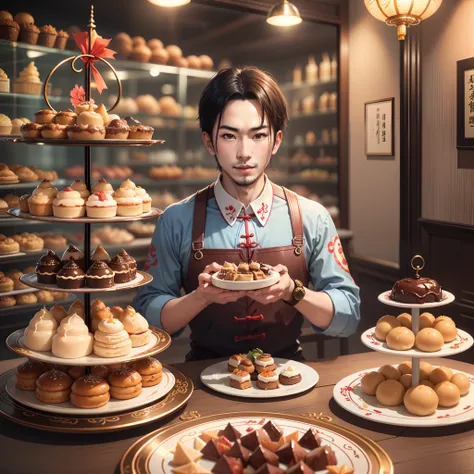 Holding a variety of Chinese and Western desserts in his hand, he ate them one by one，Around the metal display table，Gorgeous background，Gorgeous cutlery，Flying in the sky，Nice atmosphere，