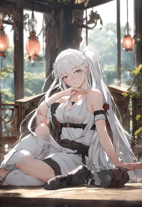 White hair, white skin, loli, sitting cross-legged, bare breast, superb and exquisite