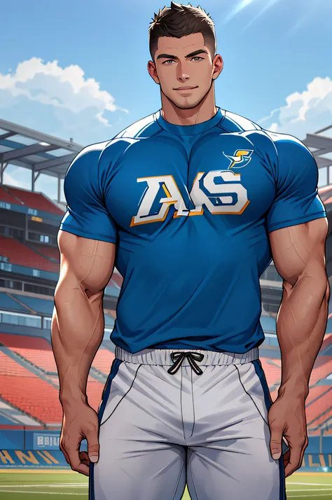 Draw a full-fledged athlete，Stand on the central field of the gym，He wears high-end sportswear，The man looks confident and determined，rays of sunshine，cheerful big breasts，Handsome，Crew cut，full bodyesbian，shooting from below，