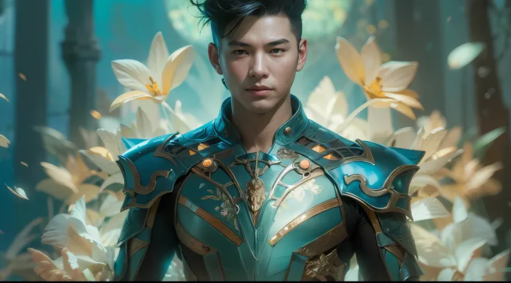 1boy, photo of very very handsome suave smiling young 25-year-old male Chinese prince, clothed in futuristic cybernetic armor, wearing a large futuristic crown, walking in an ethereal enchanted forest with neon glowing flowers and a rainbow in the sky, sci...