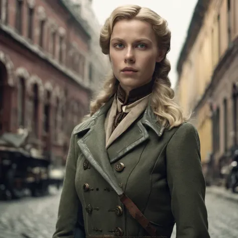 Lonely young girl, Tall stature, little chest, Slavic appearance: Green eyes; blond hair; sharp facial features; Straight nose; pronounced high cheekbones, stands upright, military uniform: gray double-breasted overcoat; gray pants, full length, max detail...