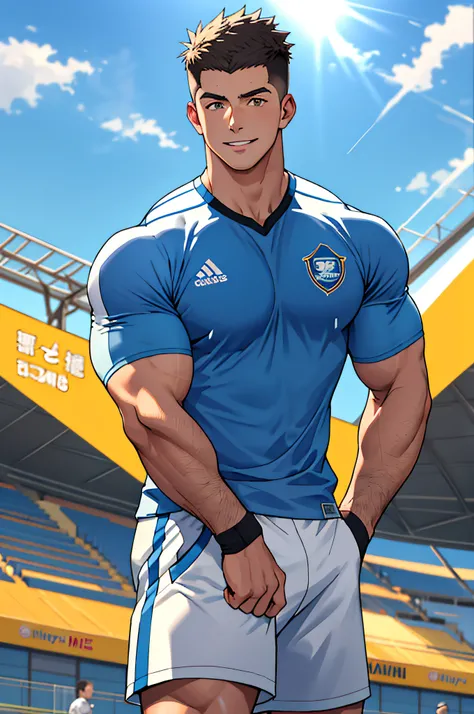 Draw a full-fledged athlete，Stand on the central field of the gym，He wears high-end sportswear，The man looks confident and determined，rays of sunshine，cheerful big breasts，Handsome，Crew cut，full bodyesbian，shooting from below，