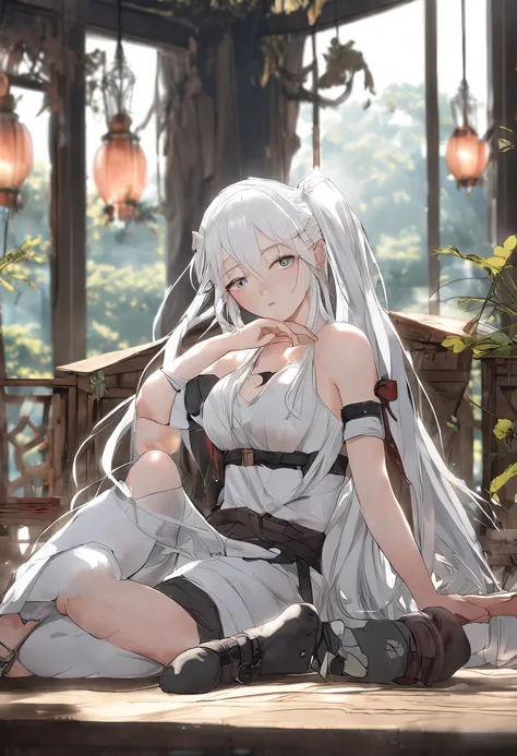 White hair, white skin, loli, sitting cross-legged, bare breast, superb and exquisite