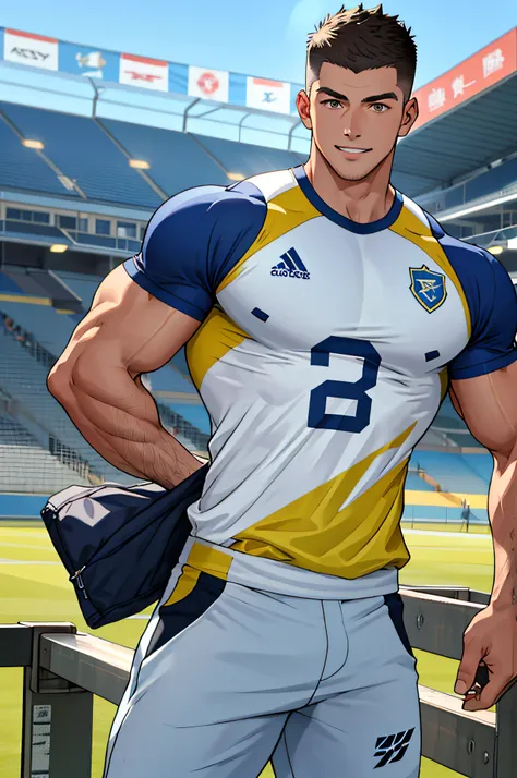 Draw a full-fledged athlete，Stand on the central field of the gym，He wears high-end sportswear，The man looks confident and determined，rays of sunshine，cheerful big breasts，Handsome，Crew cut，full bodyesbian，shooting from below，