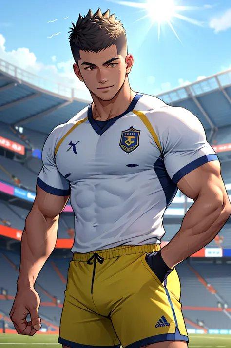 Draw a full-fledged athlete，Stand on the central field of the gym，He wears high-end sportswear，The man looks confident and determined，rays of sunshine，cheerful big breasts，Handsome，Crew cut，full bodyesbian，shooting from below，