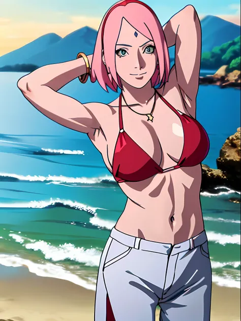 masterpiece, 4k, ultra hires, portrait, anime style, high brightness, best quality, 1girl, flexing arm muscles, haruno sakura, cowboy shot, professional artwork, detailed beach background, intricate details, colorful, digital blending, (ultra detailed body...