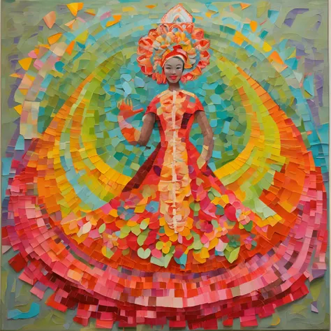 (FULL BODYSHOT:1.4), colorfull background, (1 vietnamese young girl, aodai, nhat binh, nhat binh dress, Halo, Exquisite headdress, Smile), (paper art, Quilted Paper Art, Geometry), highly colorful