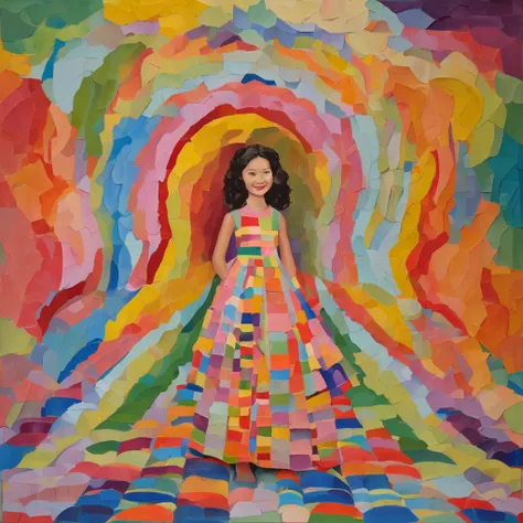 (FULL BODYSHOT:1.4), colorfull background, (1 vietnamese young girl, aodai, nhat binh, nhat binh dress, Halo, Exquisite headdress, Smile), (paper art, Quilted Paper Art, Geometry), highly colorful