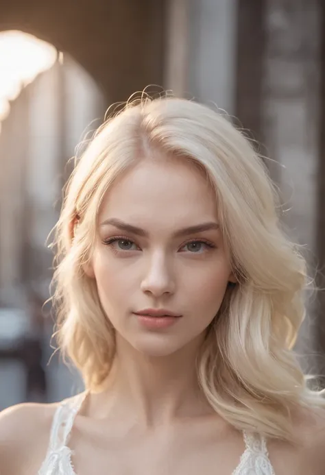 "Jeune femme blonde aux cheveux blancs, Detailed model, face detailed, brumeux, 35mm, f/2.8, 4k, Urban background, volumeric lighting, photographie artistique."