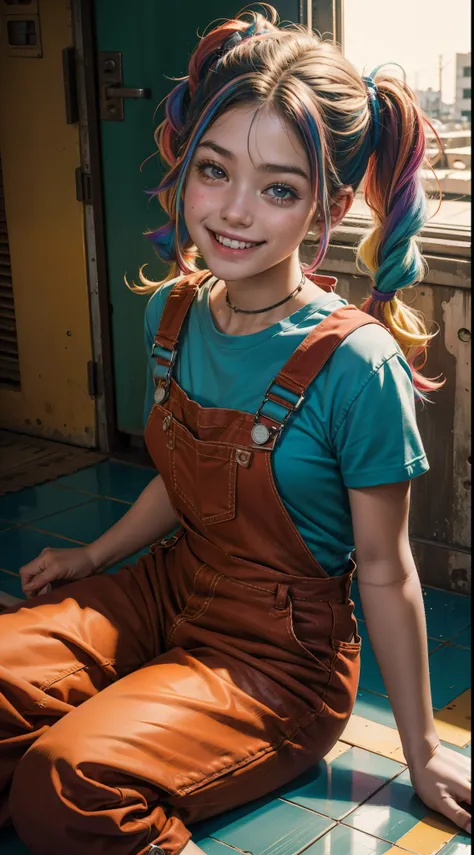 Retrato de uma garota de 18 anos,Hair Pigtails Color Rainbow Colored, wearing red overalls, sitting on the floor,on his back looking at the camera and smiling, corpo suado e molhado,fundo cidade a noite neon