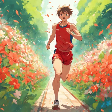 "Athlete wearing red shorts and a blue shirt running on a track and field, surrounded by blooming flowers. The artwork has an oil painting style with a vibrant green background."