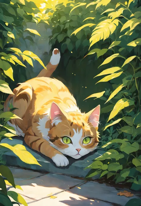 Create a captivating painting of a Tabby cat with green-yellow eyes, lying in a comfortable box with its head playfully poking out. The cat should have a lazy and content expression, capturing its relaxed demeanor. Set the scene in a sunny garden with dapp...