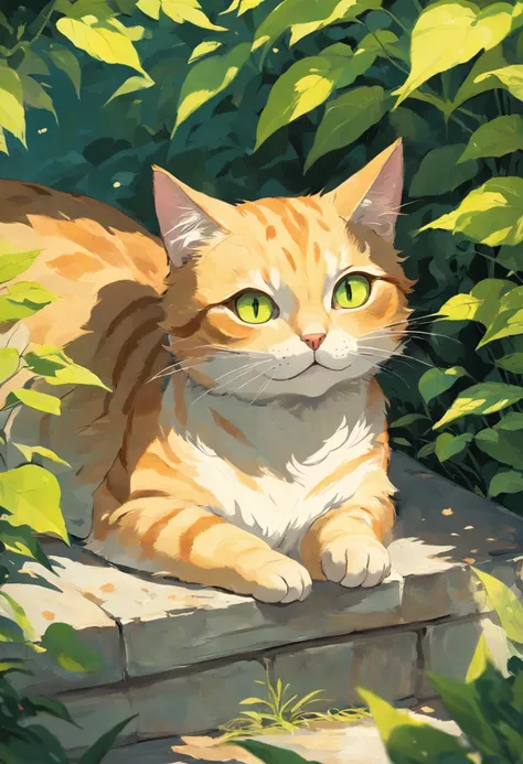 Create a captivating painting of a Tabby cat with green-yellow eyes, lying in a comfortable box with its head playfully poking out. The cat should have a lazy and content expression, capturing its relaxed demeanor. Set the scene in a sunny garden with dapp...