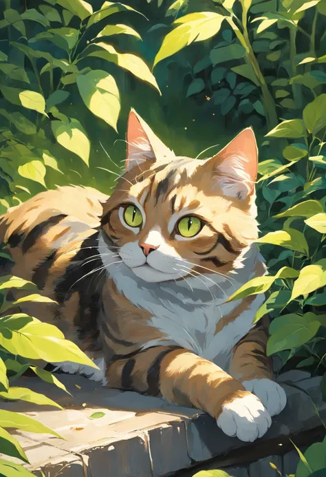 Create a captivating painting of a Tabby cat with green-yellow eyes, lying in a comfortable box with its head playfully poking out. The cat should have a lazy and content expression, capturing its relaxed demeanor. Set the scene in a sunny garden with dapp...