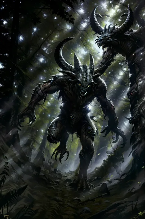 Alien invasion ，An evil creature, with goat face，Face off with the Predator，War。at a forest，Bright light