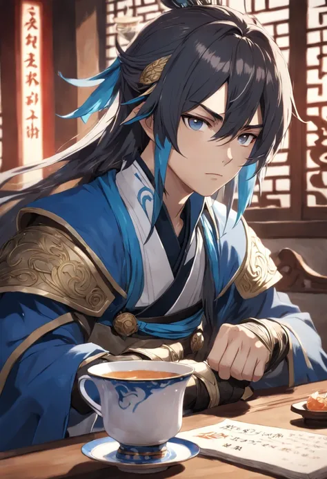 Close-up of a person sitting at a table with a cup, heise jinyao, zhao yun, xianxia hero, Inspired by Seki Dosheng, zhongli from genshin impact, inspired by Yang Jin, inspired by Wuzhun Shifan, Inspired by Zhao Yuan, Handsome, inspired by Zhao Mengfu