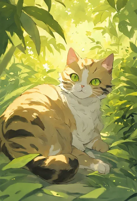 Create a captivating painting of a Tabby cat with green-yellow eyes, lying in a comfortable box with its head playfully poking out. The cat should have a lazy and content expression, capturing its relaxed demeanor. Set the scene in a sunny garden with dapp...