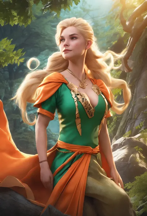 Only one person in the center of the photo, a smile, Hands invisible pose, One beautiful white woman with blonde hair in one ultra realistic beauty paint、Wearing a green dress and orange cape、Braid Hairstyles、 Fantasy background in the forest,Realistic ani...