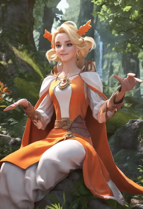 Only one person in the center of the photo, a smile, Hands invisible pose, One beautiful white woman with blonde hair in one ultra realistic beauty paint、Wearing a green dress and orange cape、Braid Hairstyles、 Fantasy background in the forest,Realistic ani...