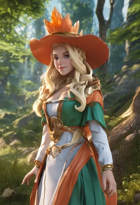 Only one person in the center of the photo, a smile, Hands invisible pose, One beautiful white woman with blonde hair in one ultra realistic beauty paint、Wearing a green dress and orange cape、Braid Hairstyles、 Fantasy background in the forest,Realistic ani...