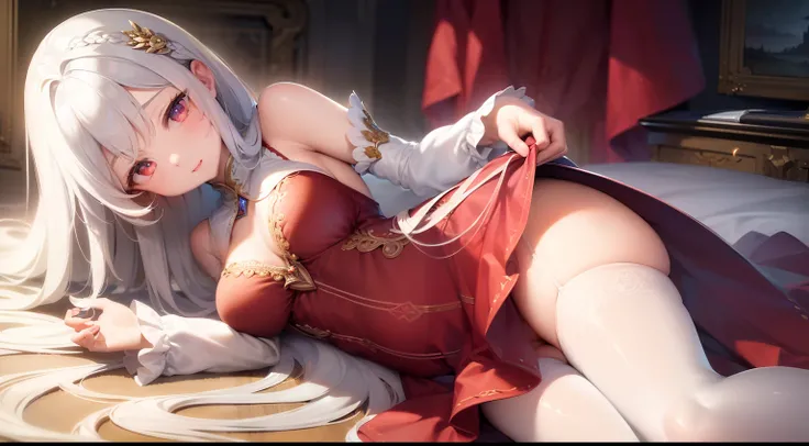 ((Best quality)), ((Masterpiece)), ((Ultra-detailed)), (illustration), (Detailed light), (An extremely delicate and beautiful), Dramatic perspective,A charming young girl,Long white hair,Red pupils,a blue dress,Half chest exposed,Long sleeves,white stockin...