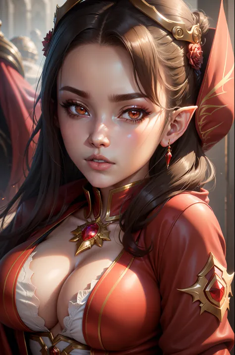 Close up portrait of woman with very big breasts in red jacket, 2. 5 d cgi anime fantasy artwork, portrait of an elf queen, very detailed Artgerm, ArtGerm ; 3d unreal engine, Dark Elf Princess, wlop rossdraws, ig model | ArtGerm, Alexandra Fomina Artstatio...