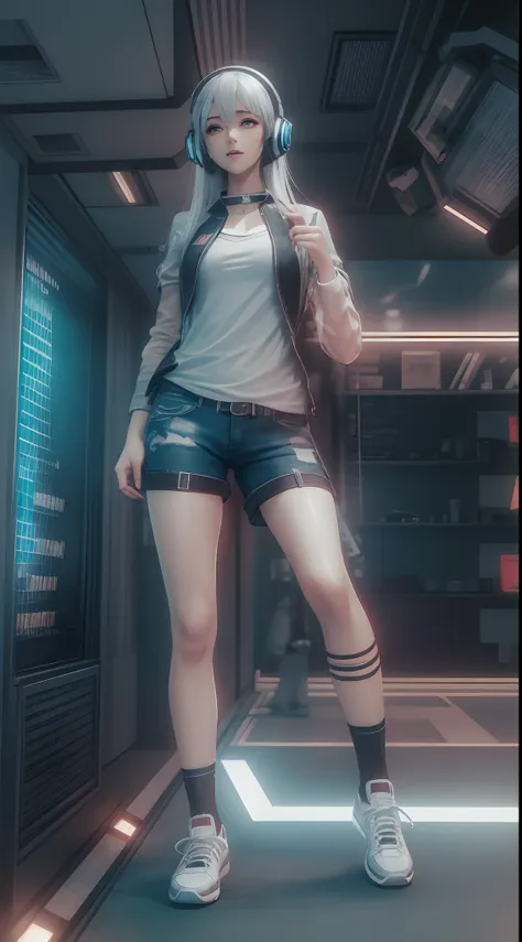 （（best qualtiy））， （（tmasterpiece））， （A detailed：1.4），（（full bodyesbian）），Enhanced dynamic perspective，Beautiful sexy esports girl，夏天，vests，denim short，athletic sneakers，with headphones on，Hold the keyboard，Come to me，Future sci-fi city street，Street photog...