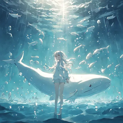 illustration：Teenager immersed in the bottom of the sea swims with whales dressed in white，There are bubbles slowly rising around，Sunlight enters the water obliquely。