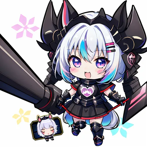 ((Sticker: 1.5))), ((Chibi Chara)), (White Background), Fluffy, Girl, Black Knight, Black Knight Armor Costume, Chibi Horse Ride, Black Knight Pose, Chibi Chara, Full Body, Pastel Hair, Fairy Tale, Fantastic, Rainbow, T-shirt Design, Best Masterpiece, Best...