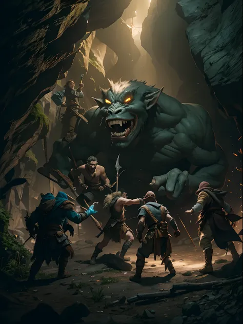 a group of adventurers fighting an evil troll in front of a dark cave mouth, beautiful shadow and lighting, masterpiece, absurdes, 4k