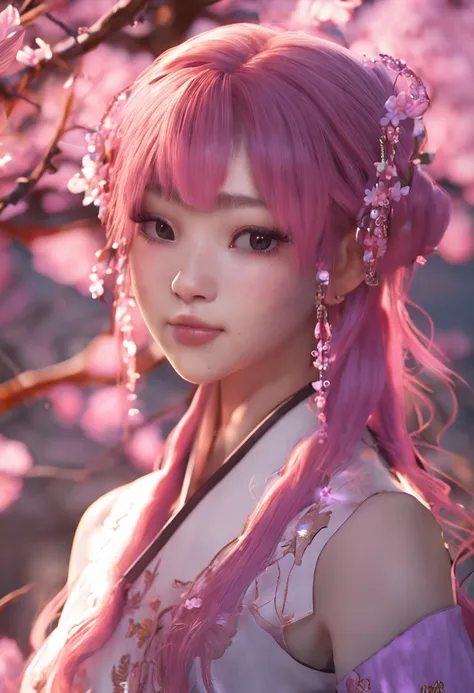 1girl, (ulzzang-6500:0.7), kpop idol, yae miko,pink hair, long hair,best quality, (painting:1.5), (hair ornament:1.35), jewelry, purple eyes, cherry blossoms, lantern light, depth of field, detailed face, face focus, ribbon_trim, (looking at viewer:1.25), ...