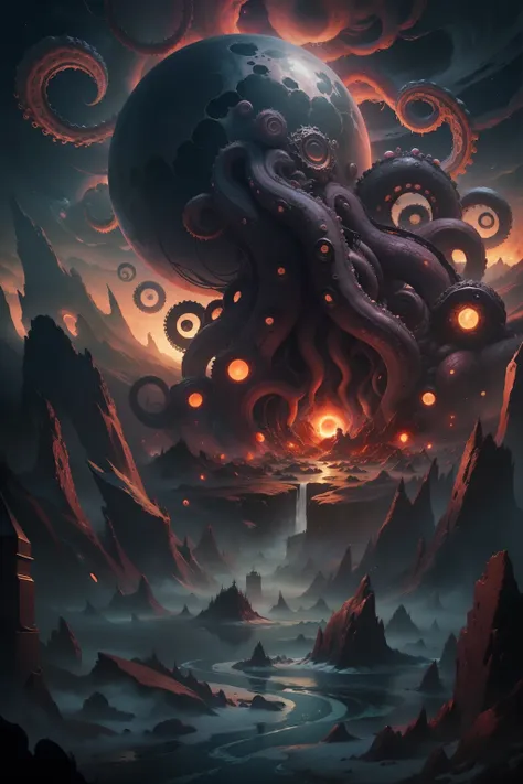 There is a planet in the middle, tentacles in universe, Azathoth, yog - sothoth! ben lo, lovecraftian inspiration, Lovecraftian cosmic fear, lovecraftian hellscape, A planet full of endless suffering, fantasy and cosmic horror movie, Lovecraftian atmospher...